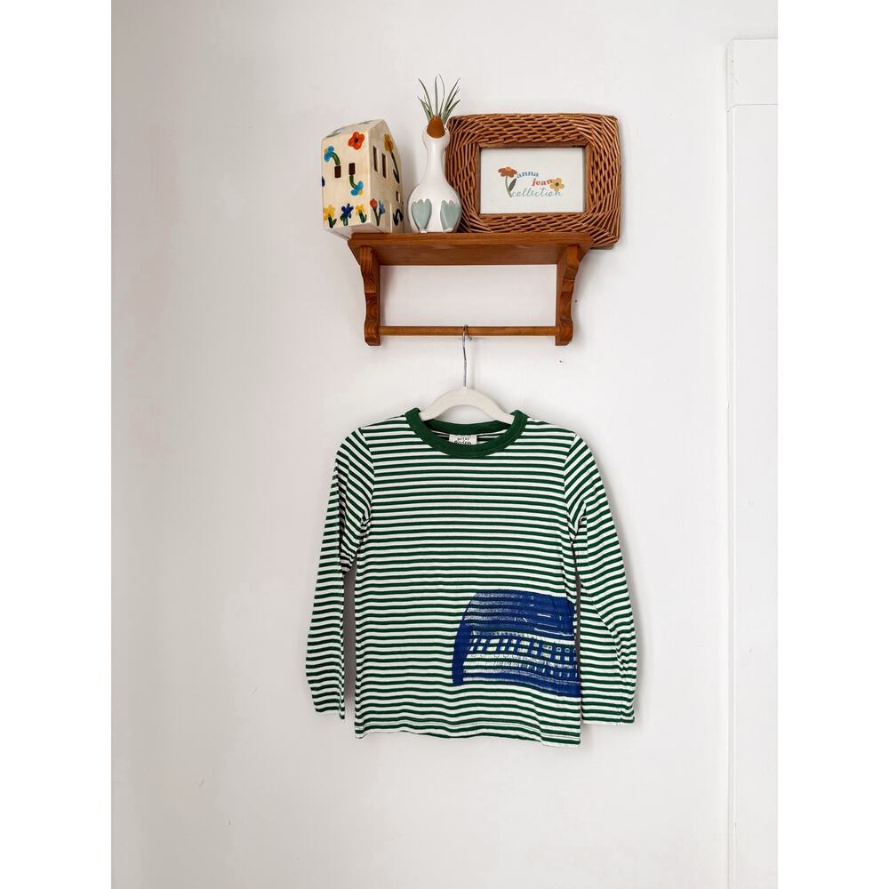 Mini Boden piano screenprint green stripe longsleeve - 4-5 Y